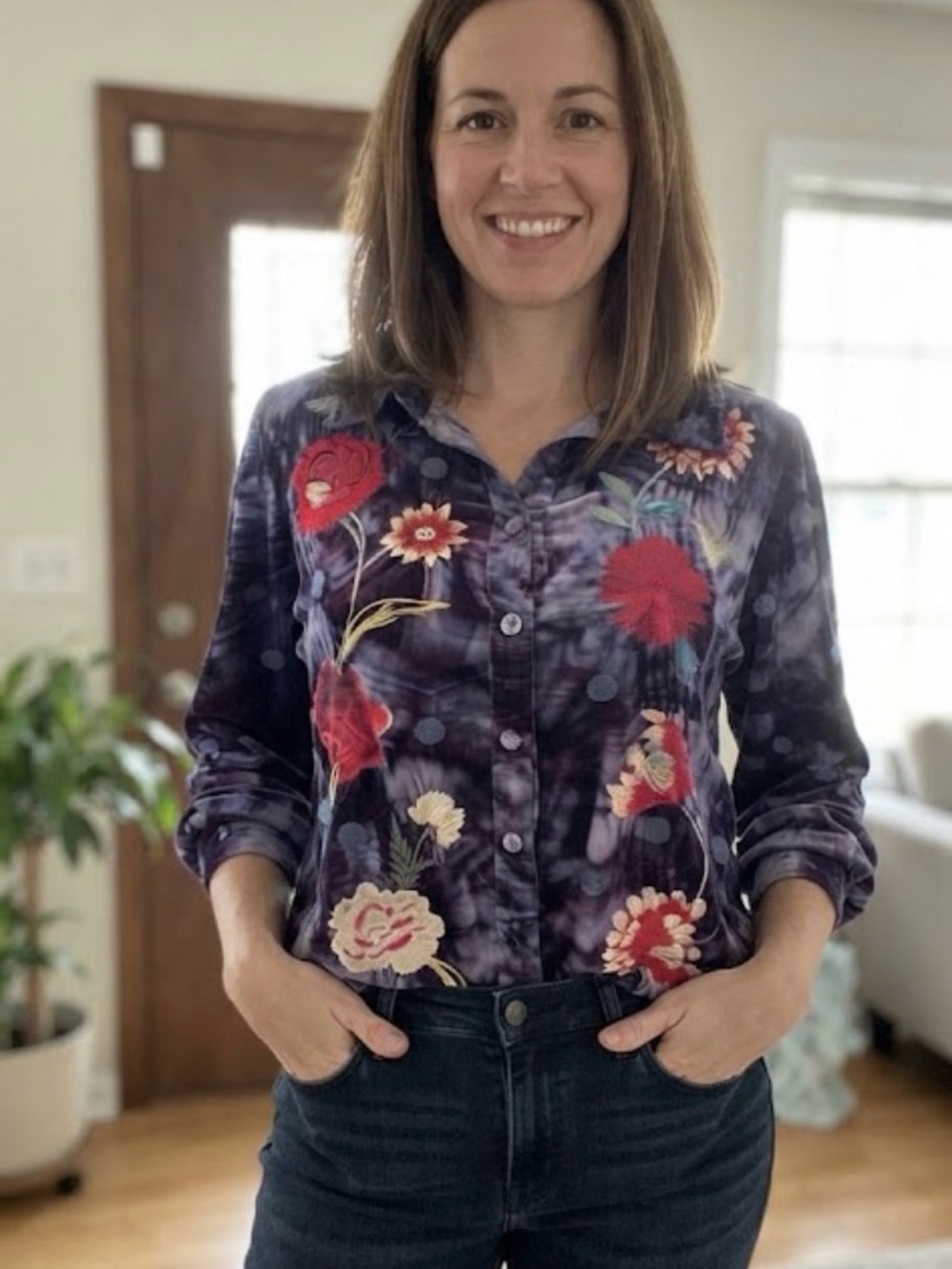 Johnny Was Junia Lisbon Button down floral embroidery top size Med